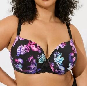 Torrid 40DDD Perfect Push-Up T-Shirt Midnight Roses Floral Black Bra